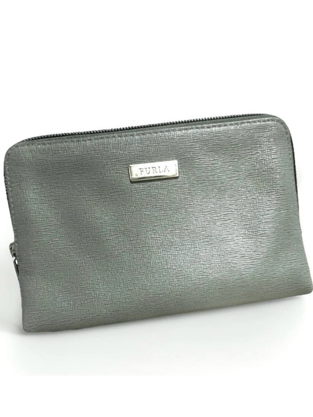 FURLA Leather Cosmetic Bag Makeup Case - Sage Green-Gray